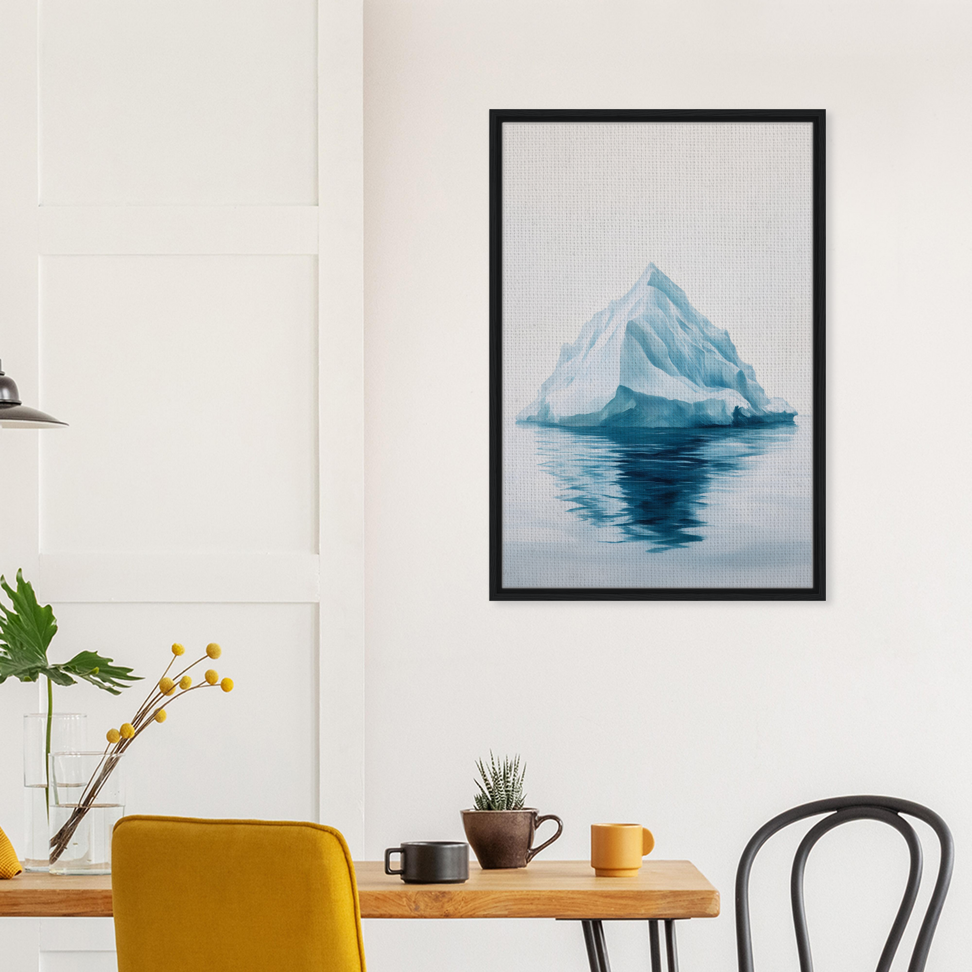 Framed canvas art of an iceberg reflection in water for Majestic Frozen Reverie room decor