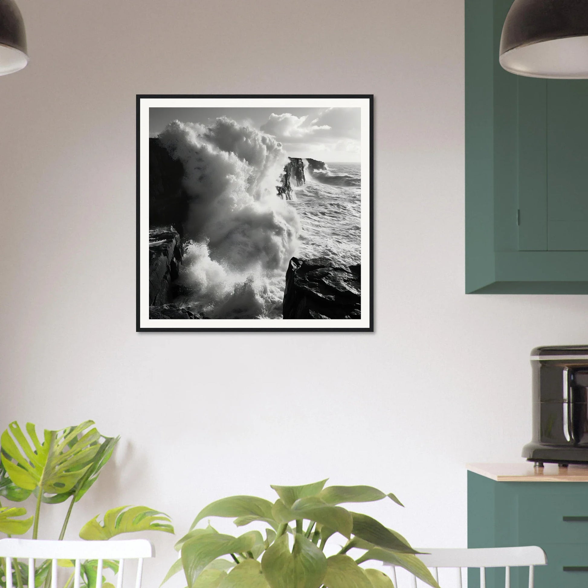 Black and white framed photo of crashing waves in Majestic Tempest Dance artwork