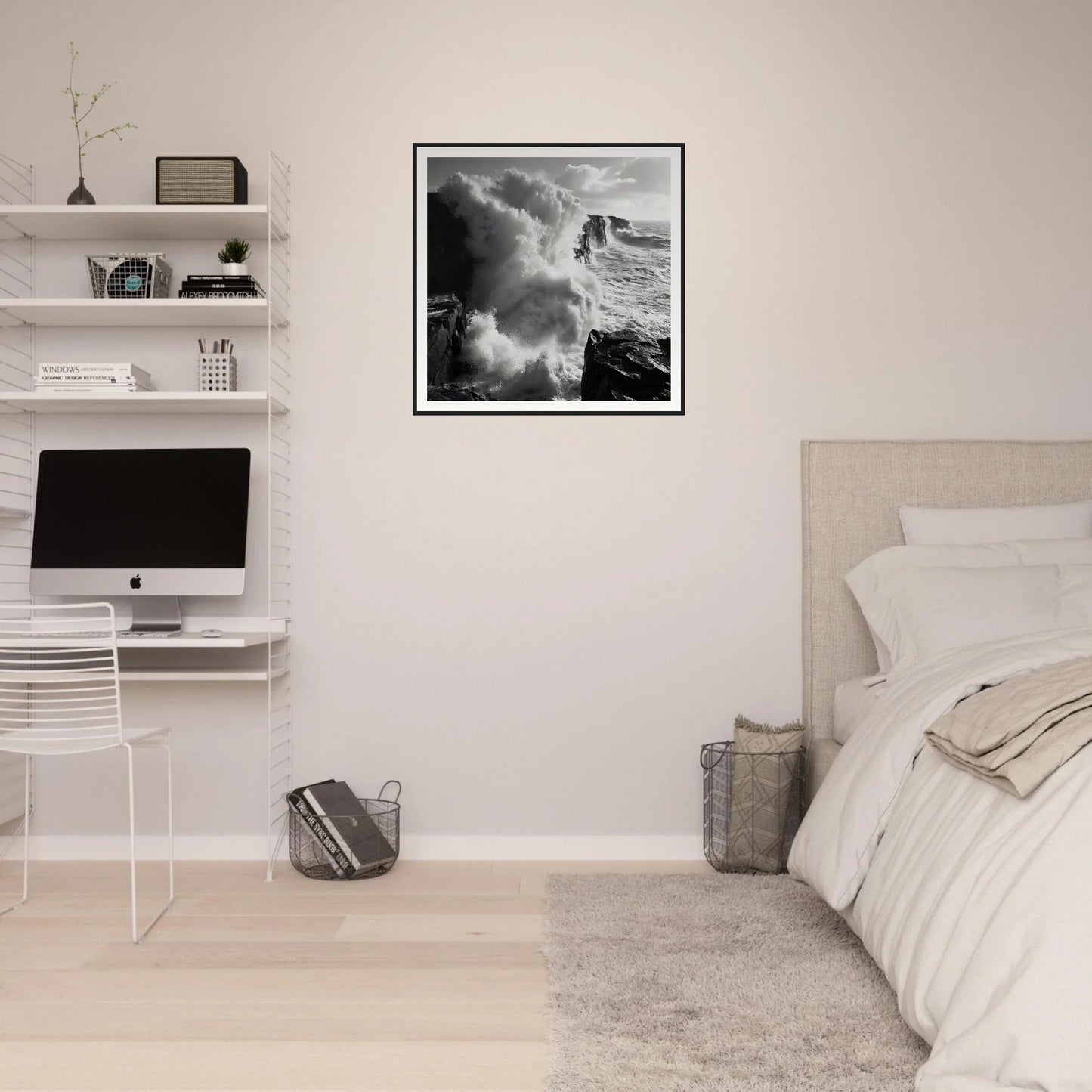 Minimalist bedroom with floating shelves, iMac, and Majestic Tempest Dance photo