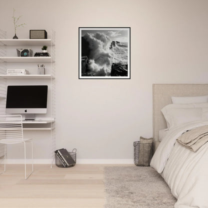 Minimalist bedroom with floating shelves, iMac, and Majestic Tempest Dance photo