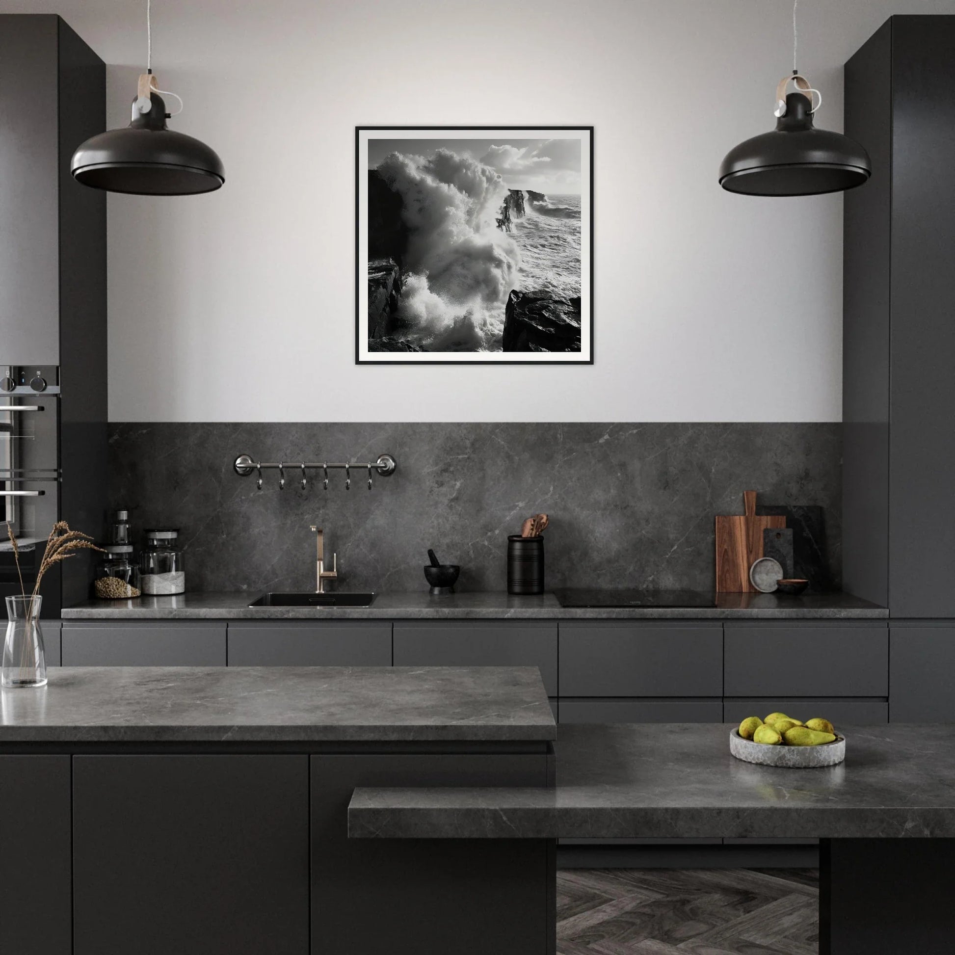 Modern dark gray kitchen with industrial lights and Majestic Tempest Dance artwork