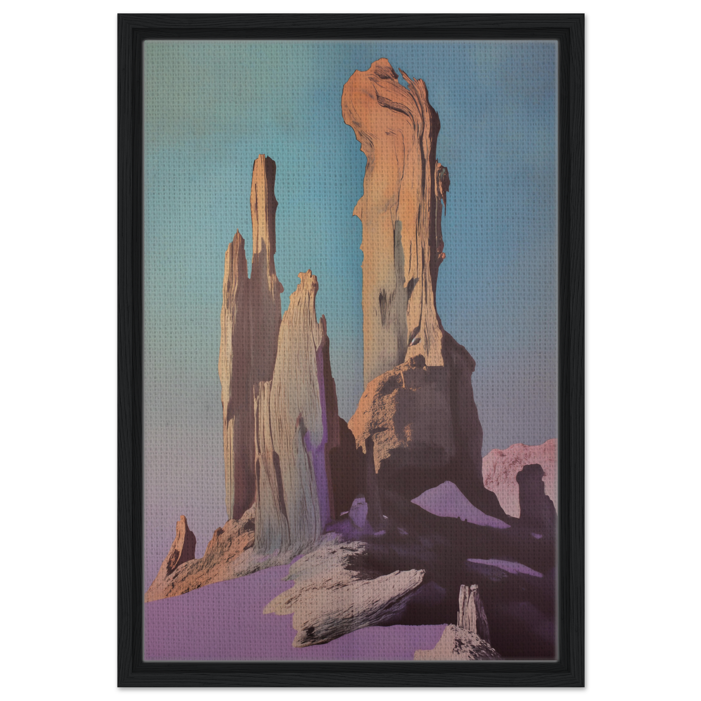 Towering rock formations with eroded cliffs under a colorful sky for Majestic Void Reveille