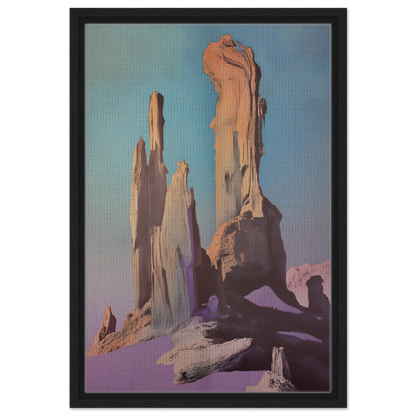 Towering rock formations with eroded cliffs under a colorful sky for Majestic Void Reveille