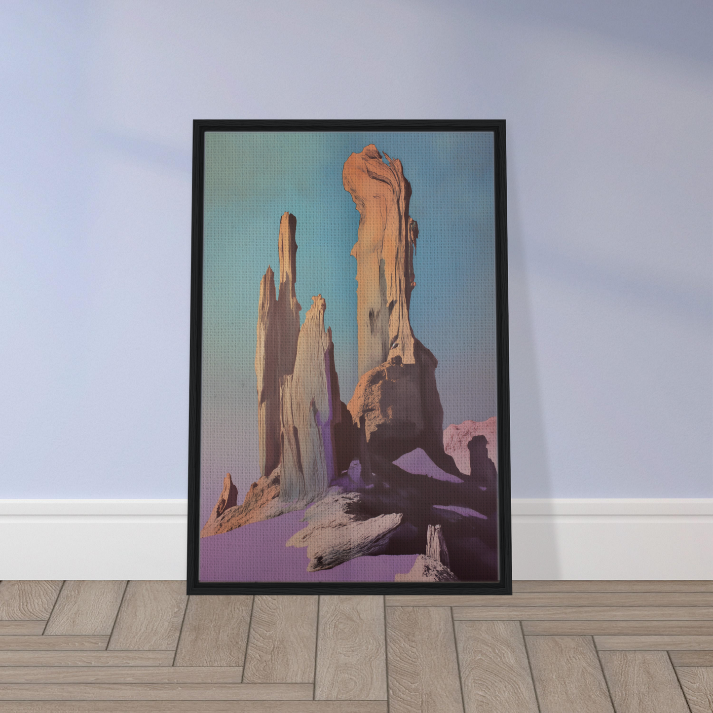 Framed canvas print of rocky desert formations at sunset, Majestic Void Reveille