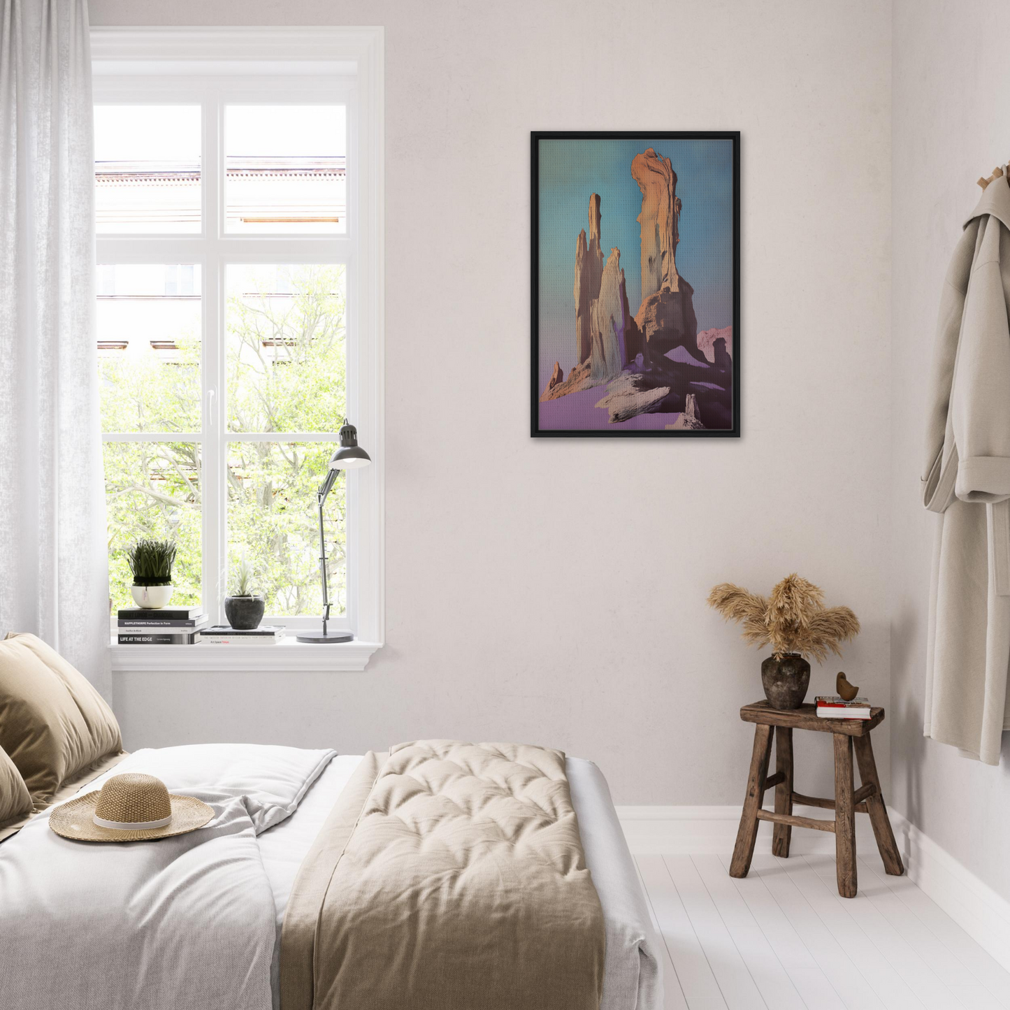 Bright, airy bedroom with Majestic Void Reveille and colorful abstract art above the bed