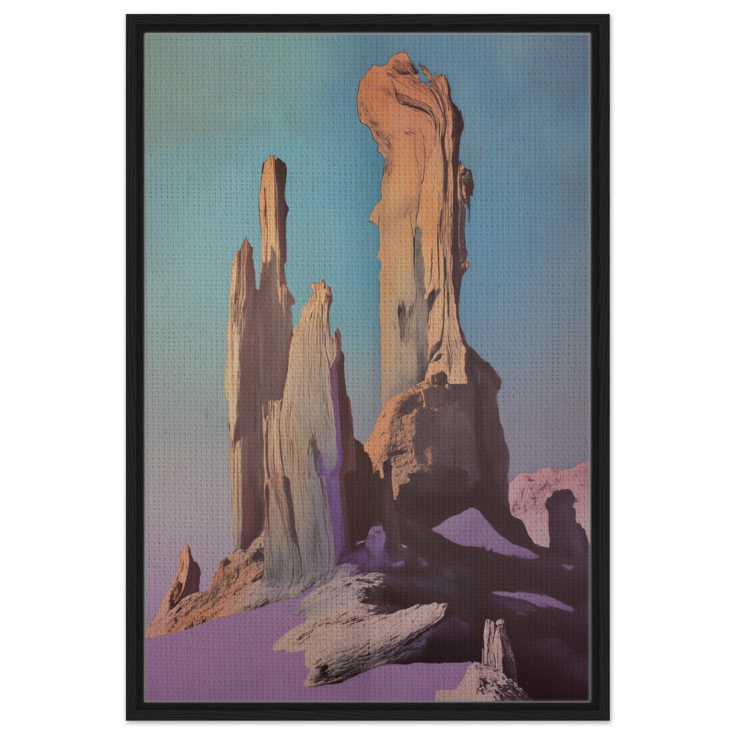 Towering rock formations under a pastel sky in Majestic Void Reveille framed canvas print