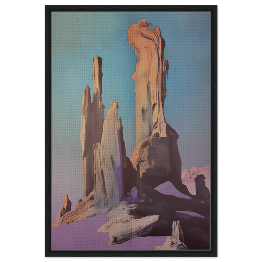 Towering rock formations under a pastel sky in Majestic Void Reveille framed canvas print