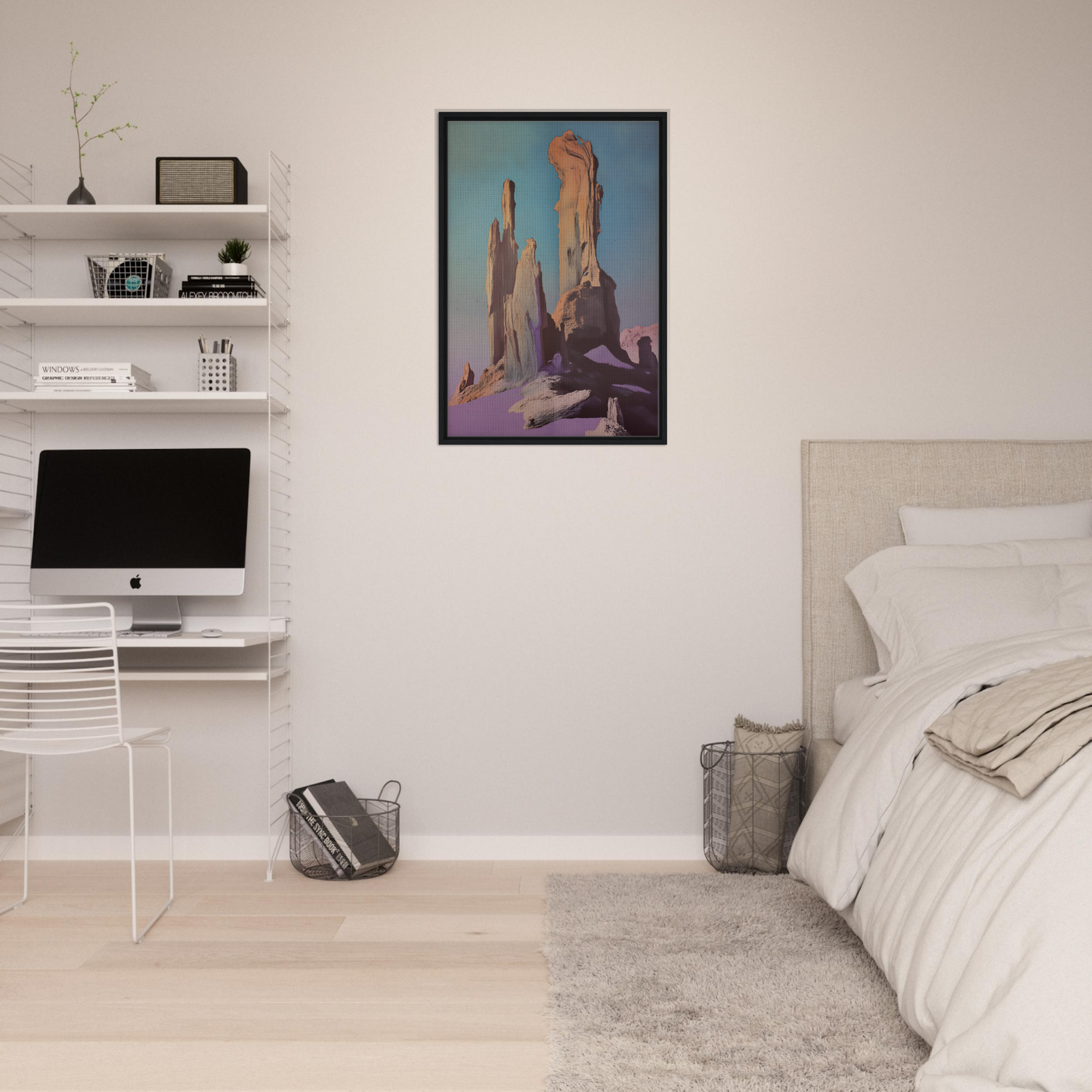 Framed canvas print of Majestic Void Reveille showcasing tall rock formations and a colorful sky