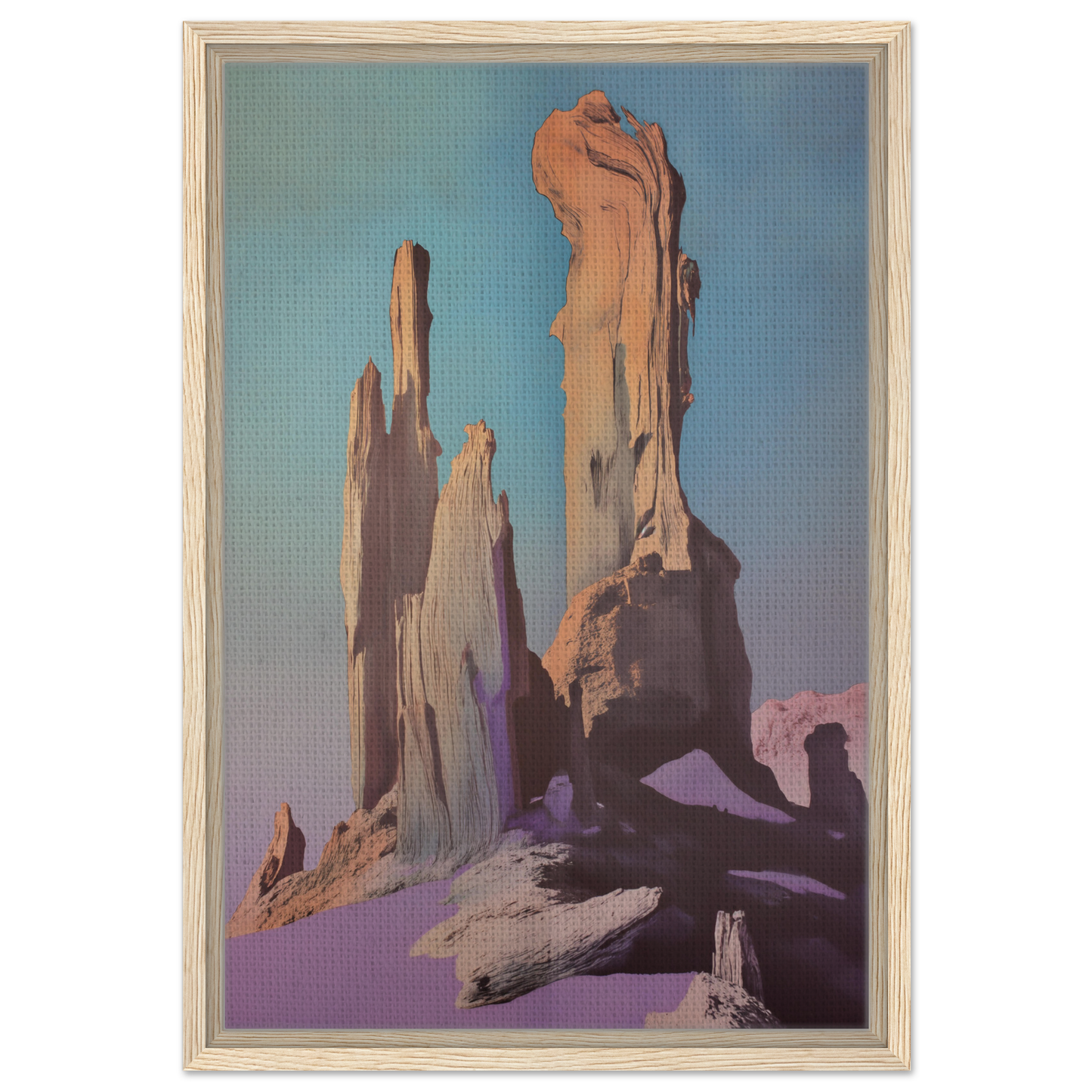 Towering rock formations with jagged spires in Majestic Void Reveille framed canvas print