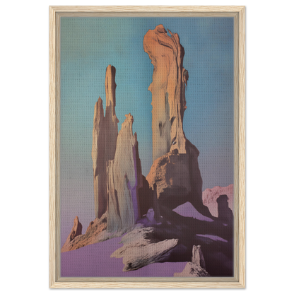 Towering rock formations with jagged spires in Majestic Void Reveille framed canvas print