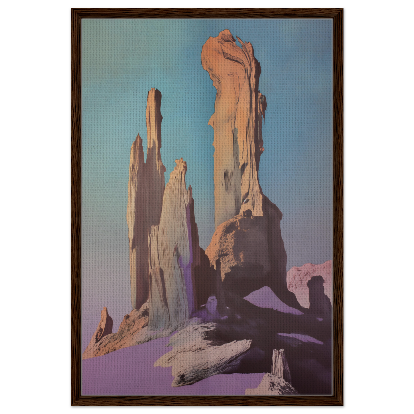 Majestic Void Reveille framed canvas print featuring jagged rock formations and a colorful sky