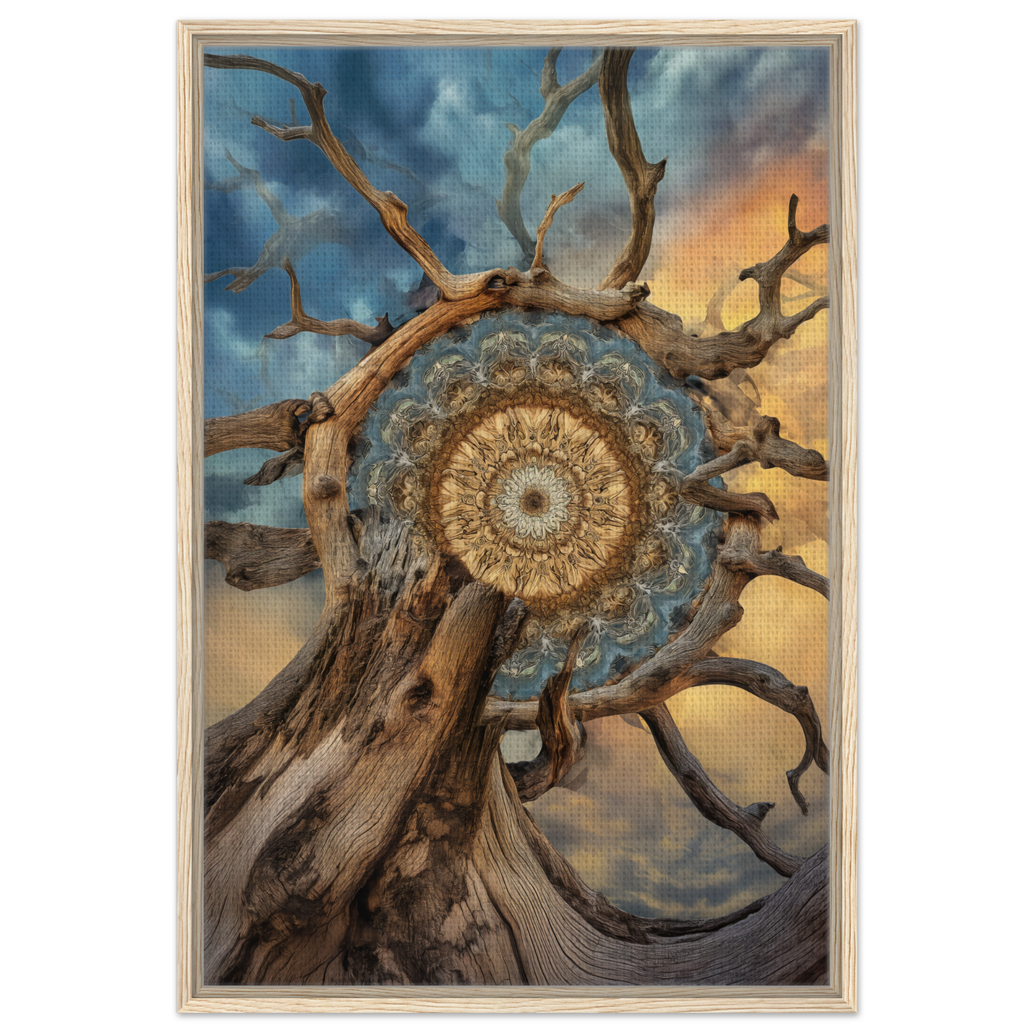 Intricate mandala sol romantics design in gnarled branches under stormy sky