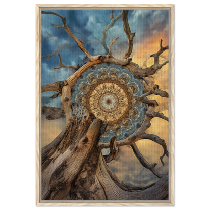 Intricate mandala sol romantics design in gnarled branches under stormy sky