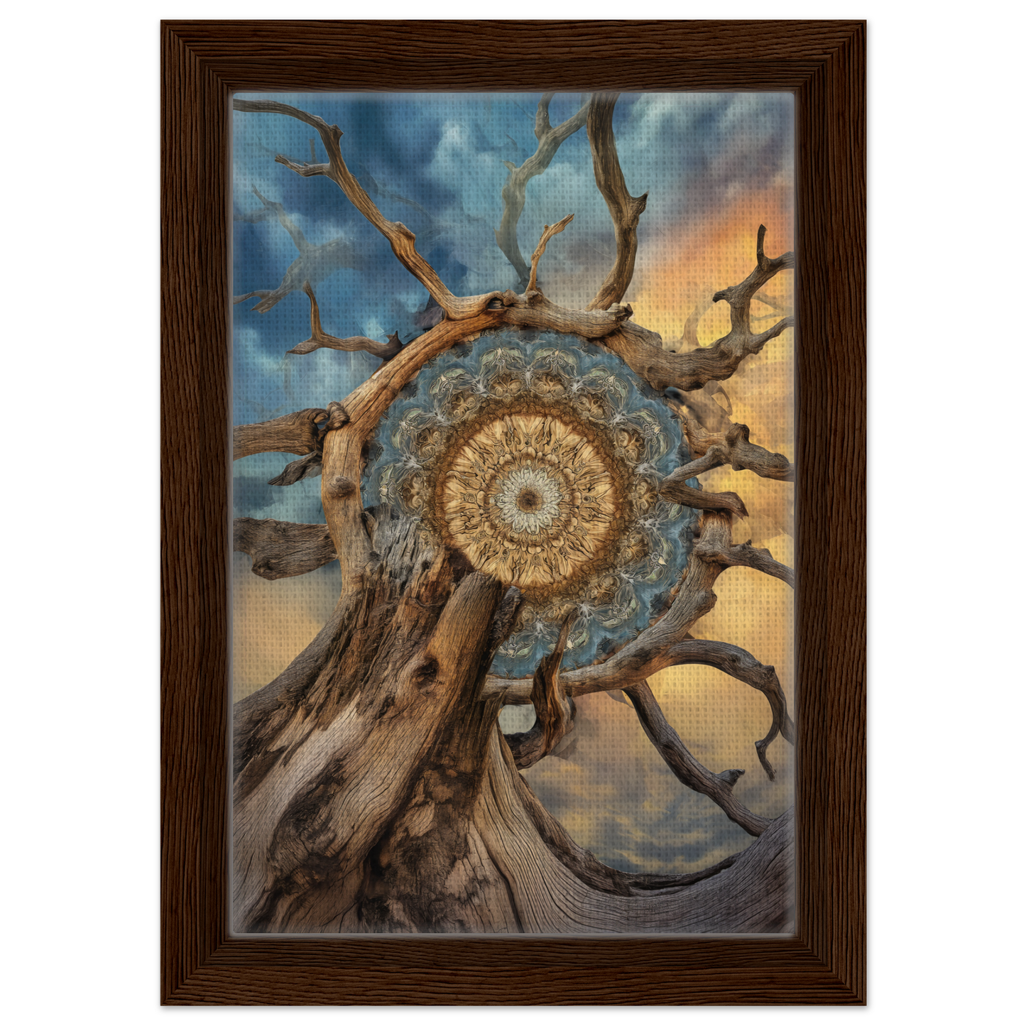 Intricate mandala sol romantics design within gnarled branches against dramatic sky