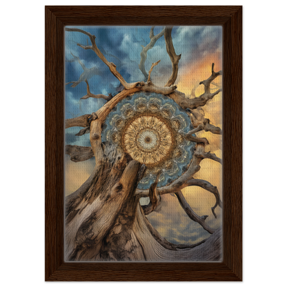 Intricate mandala sol romantics design within gnarled branches against dramatic sky