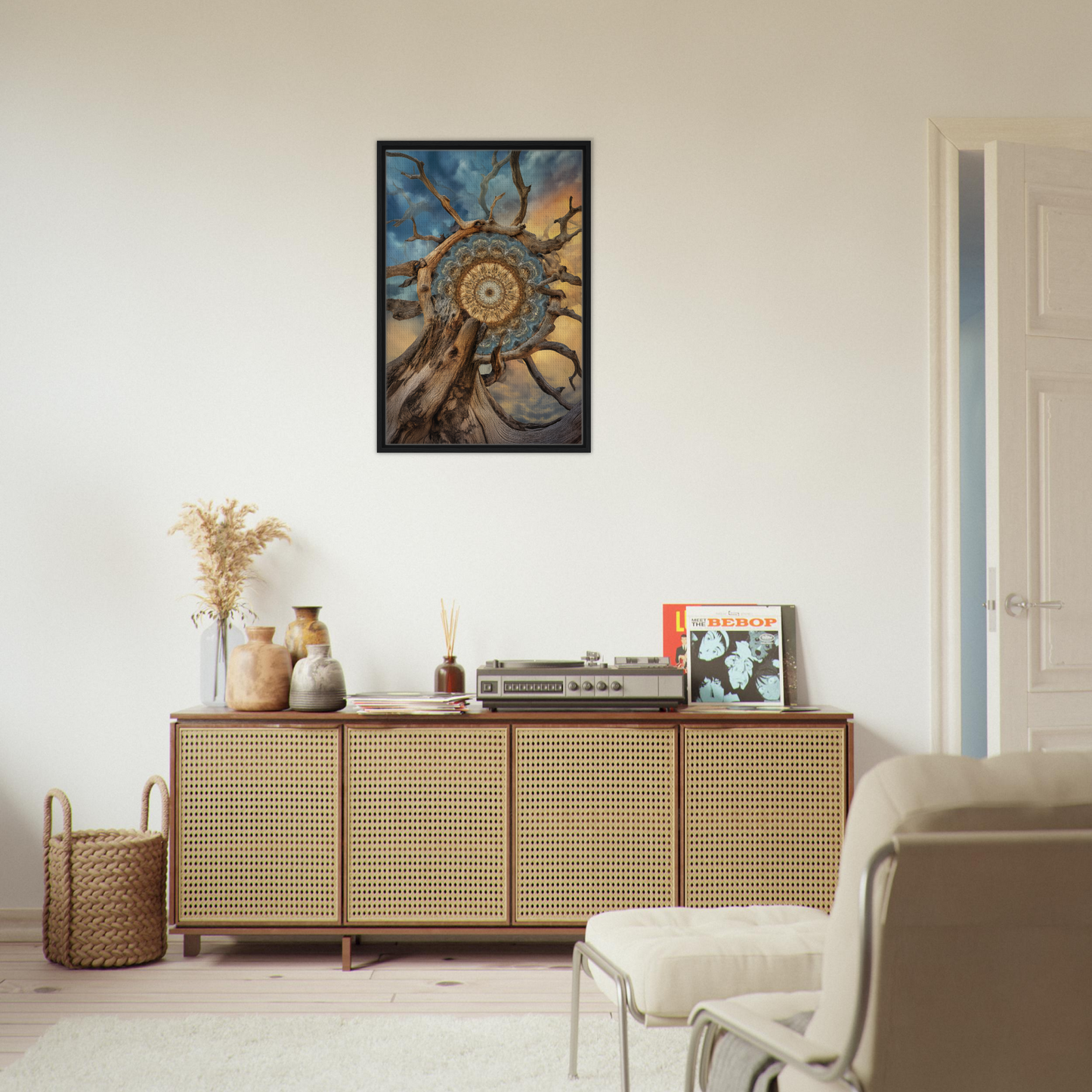 Framed canvas print of Mandala Sol Romantics featuring a dreamcatcher-inspired design