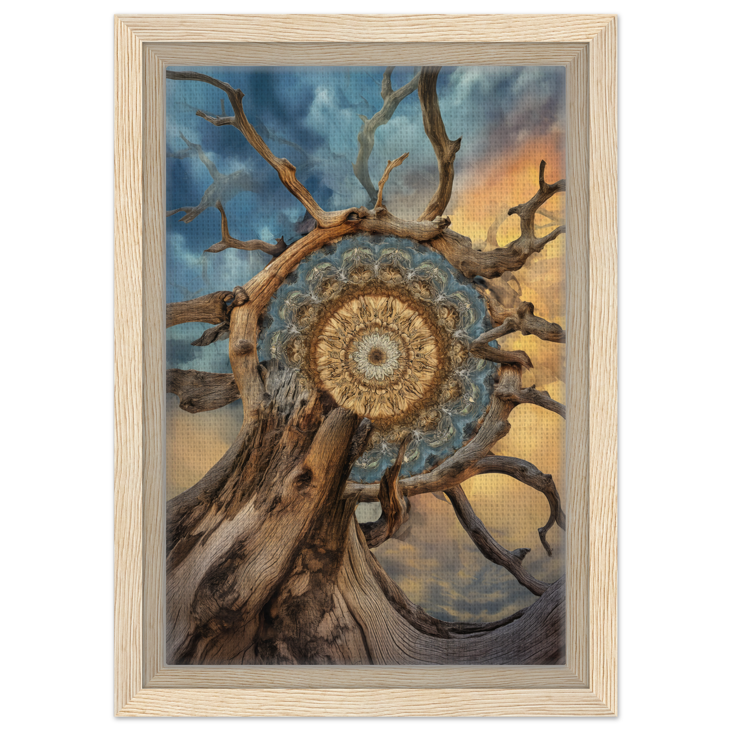 Intricate mandala design within gnarled tree branches for Mandala Sol Romantics framed canvas print