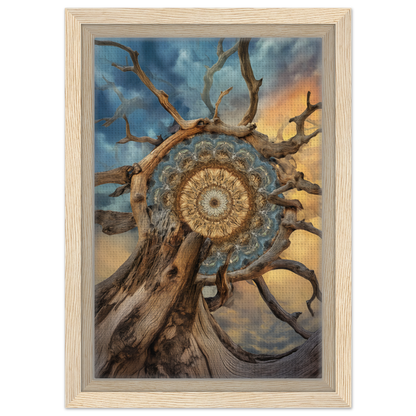 Intricate mandala design within gnarled tree branches for Mandala Sol Romantics framed canvas print