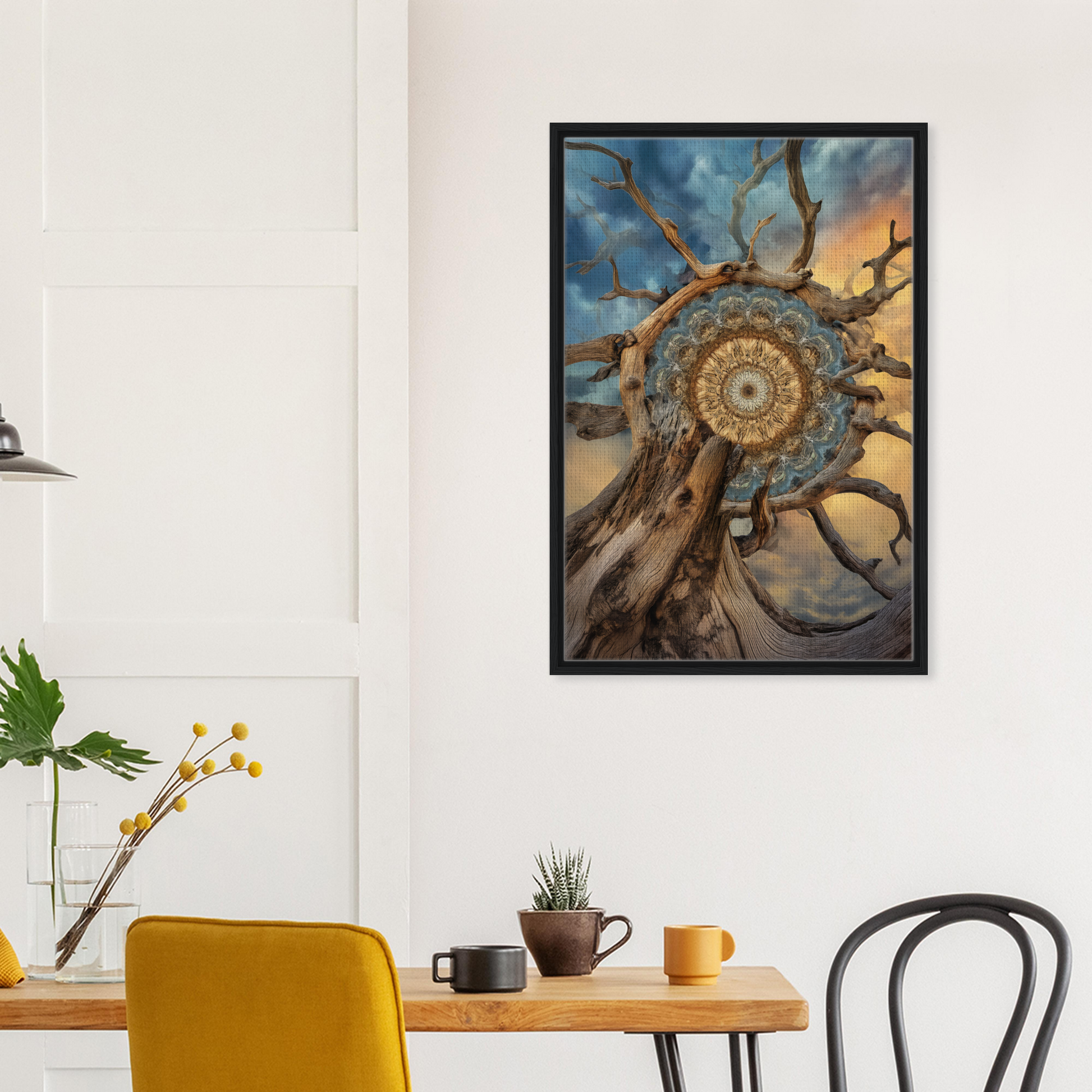 Framed artwork of Mandala Sol Romantics featuring a surreal dreamcatcher design for room decor