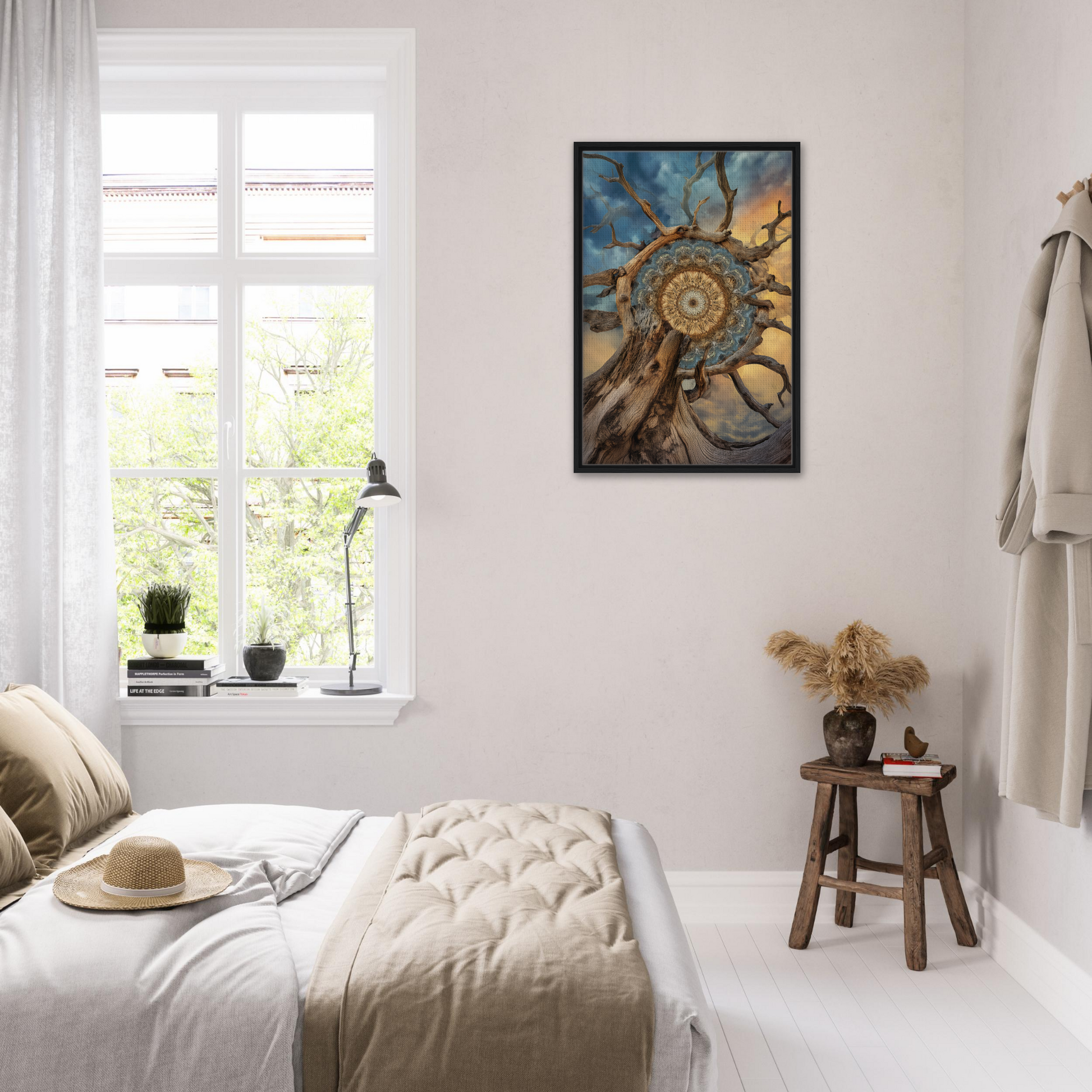 Bright airy bedroom featuring Mandala Sol Romantics artwork for stylish room decor