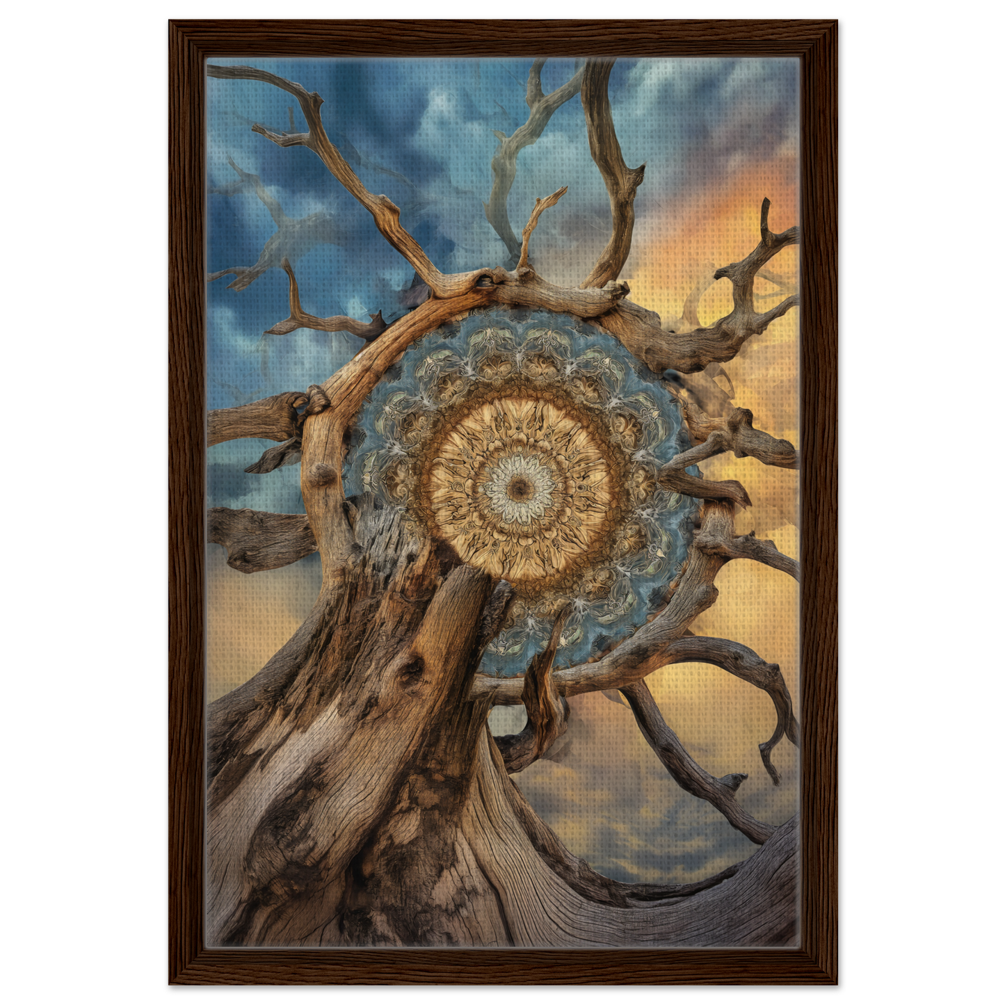 Intricate mandala sol romantics pattern within gnarled branches against a dramatic sky