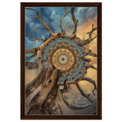 Intricate mandala sol romantics pattern within gnarled branches against a dramatic sky