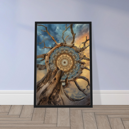 Framed canvas print of Mandala Sol Romantics featuring a surreal tree and mandala design