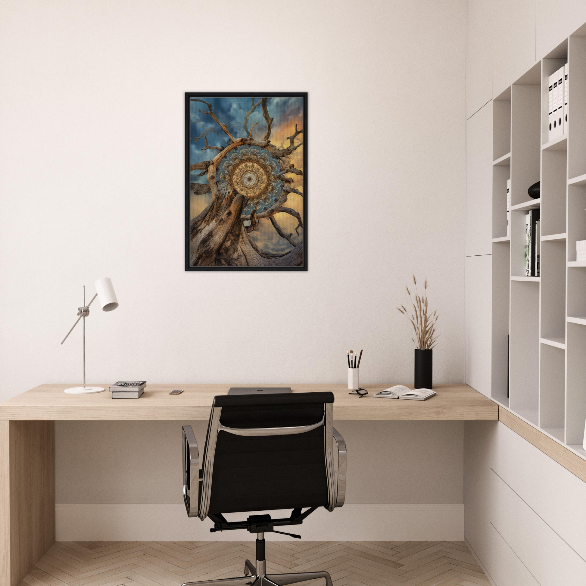 Minimalist home office featuring Mandala Sol Romantics framed canvas print and stylish decor