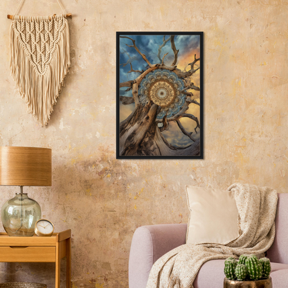 Framed canvas print of Mandala Sol Romantics featuring a dreamcatcher and surreal landscape