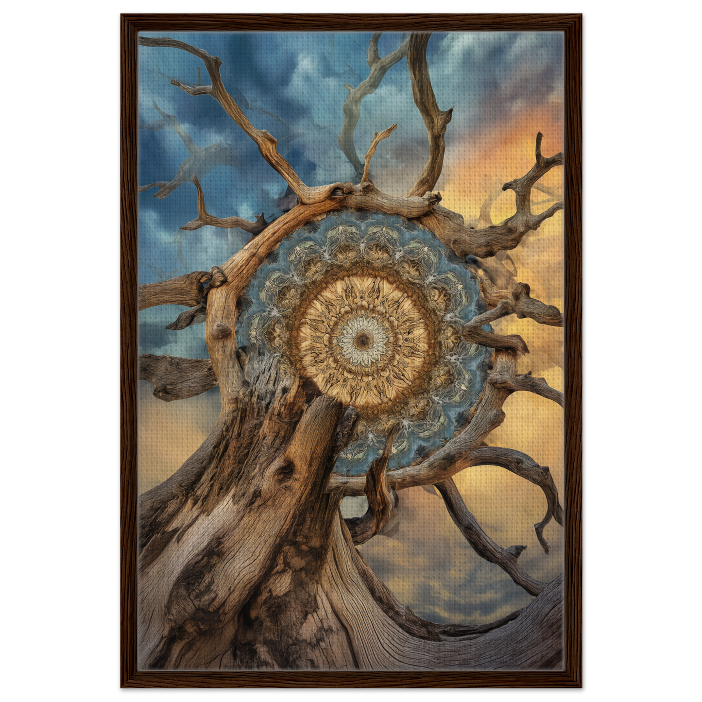 Intricate mandala pattern in gnarled branches against clouds for Mandala Sol Romantics framed canvas print