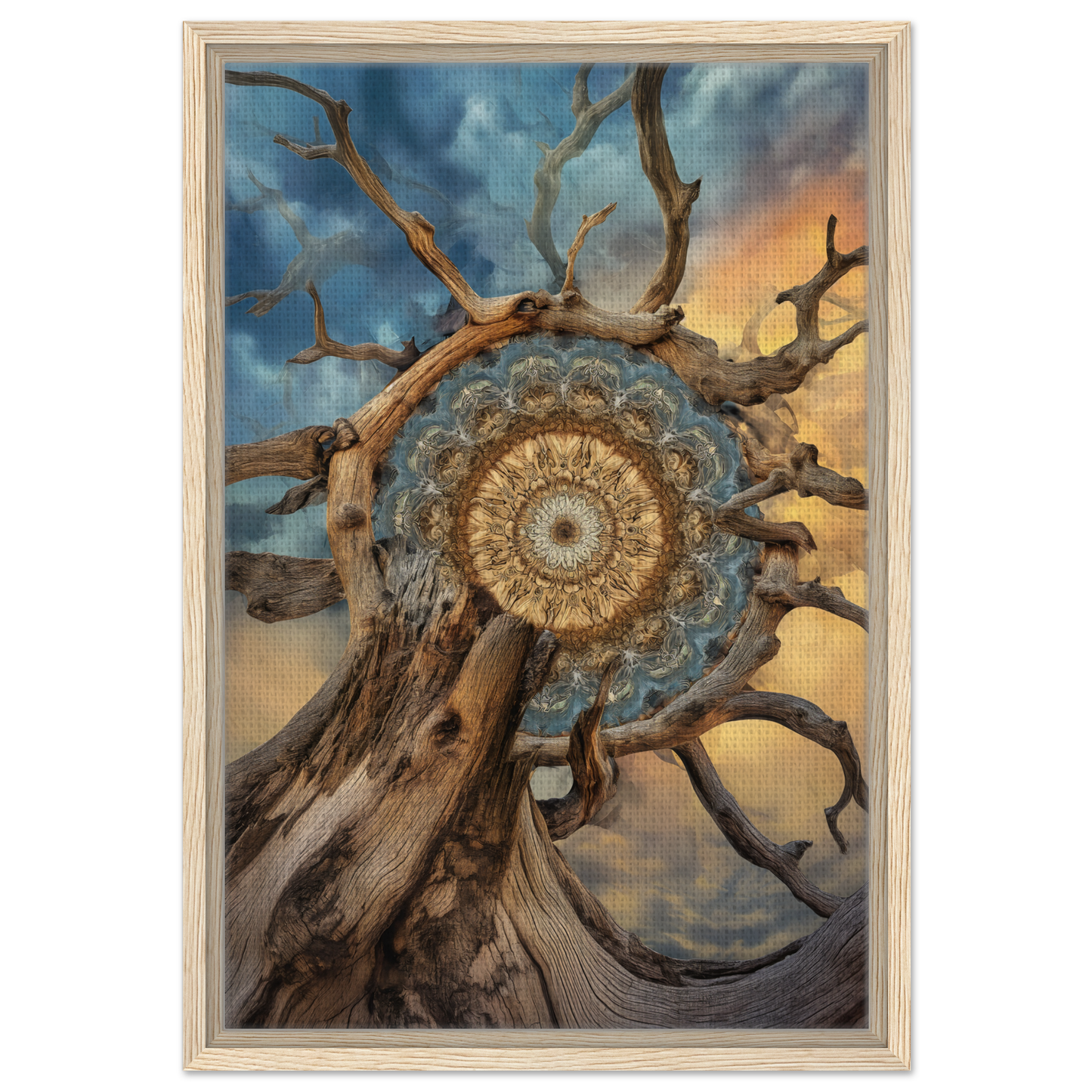 Gnarled tree trunk featuring mandala pattern, ideal for Mandala Sol Romantics room decor