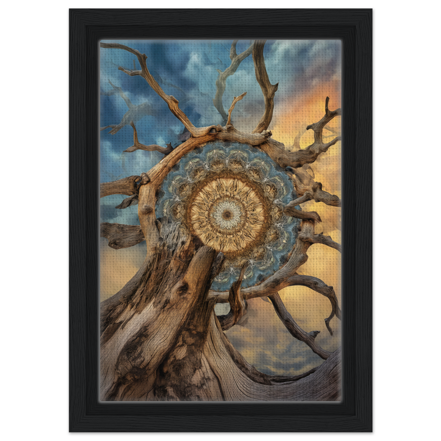 Intricate mandala sol romantics design in gnarled tree branches against a dramatic sky