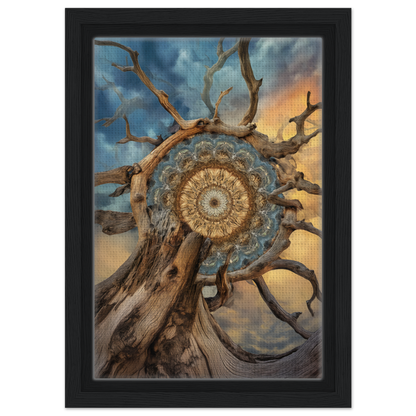 Intricate mandala sol romantics design in gnarled tree branches against a dramatic sky