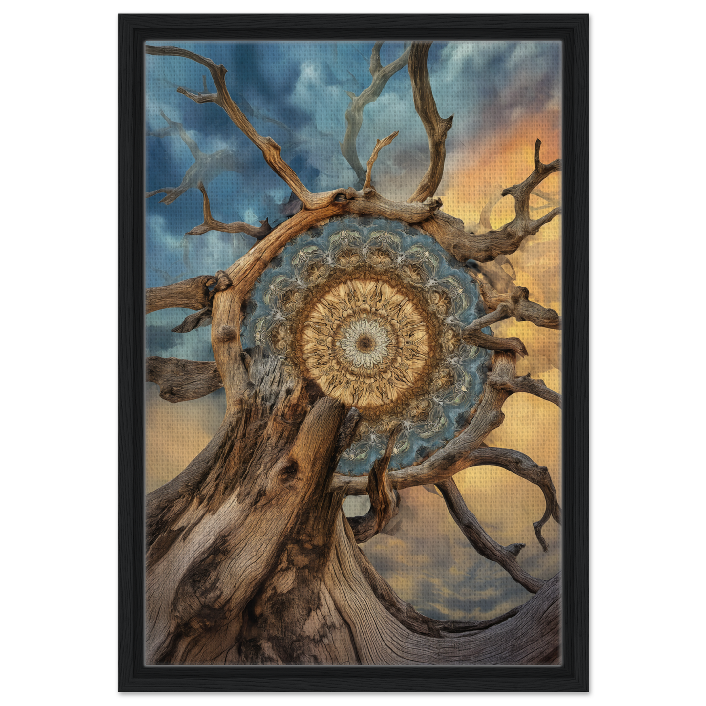 Intricate mandala sol romantics design within gnarled branches against a dramatic sky