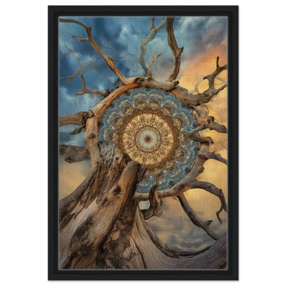 Intricate mandala sol romantics design within gnarled branches against a dramatic sky