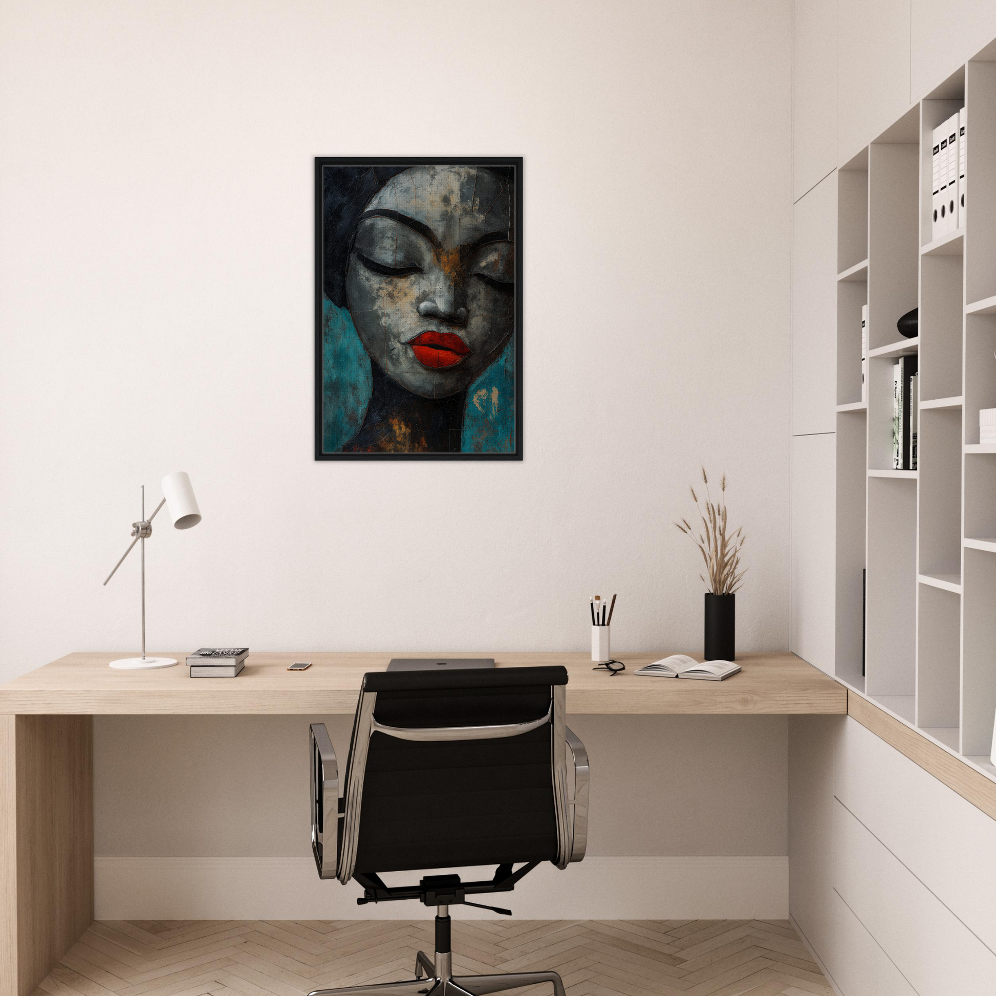 Striking portrait with vibrant red lips, perfect for Meditative Sansword Reveries room decor