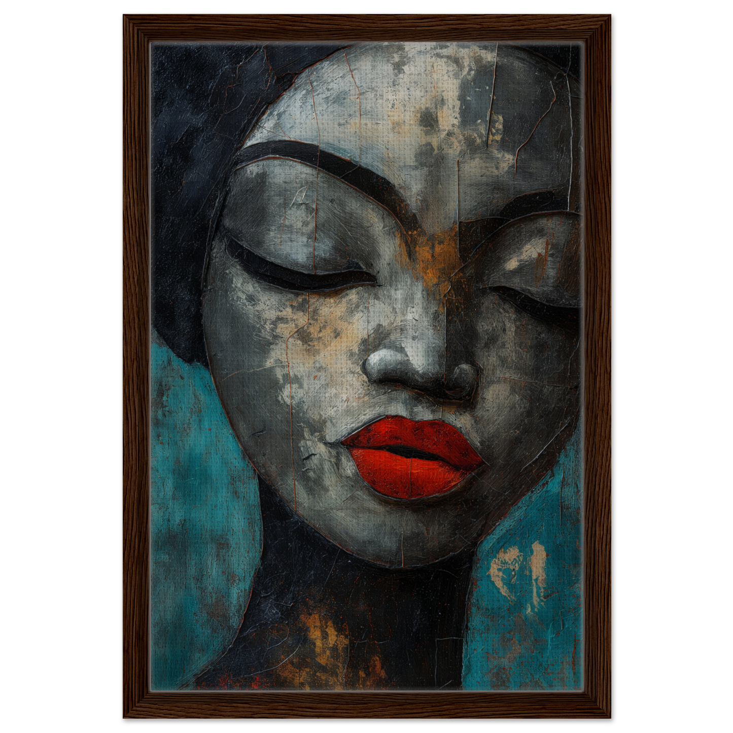 Stylized portrait with closed eyes and red lips, featured in Meditative Sansword Reveries