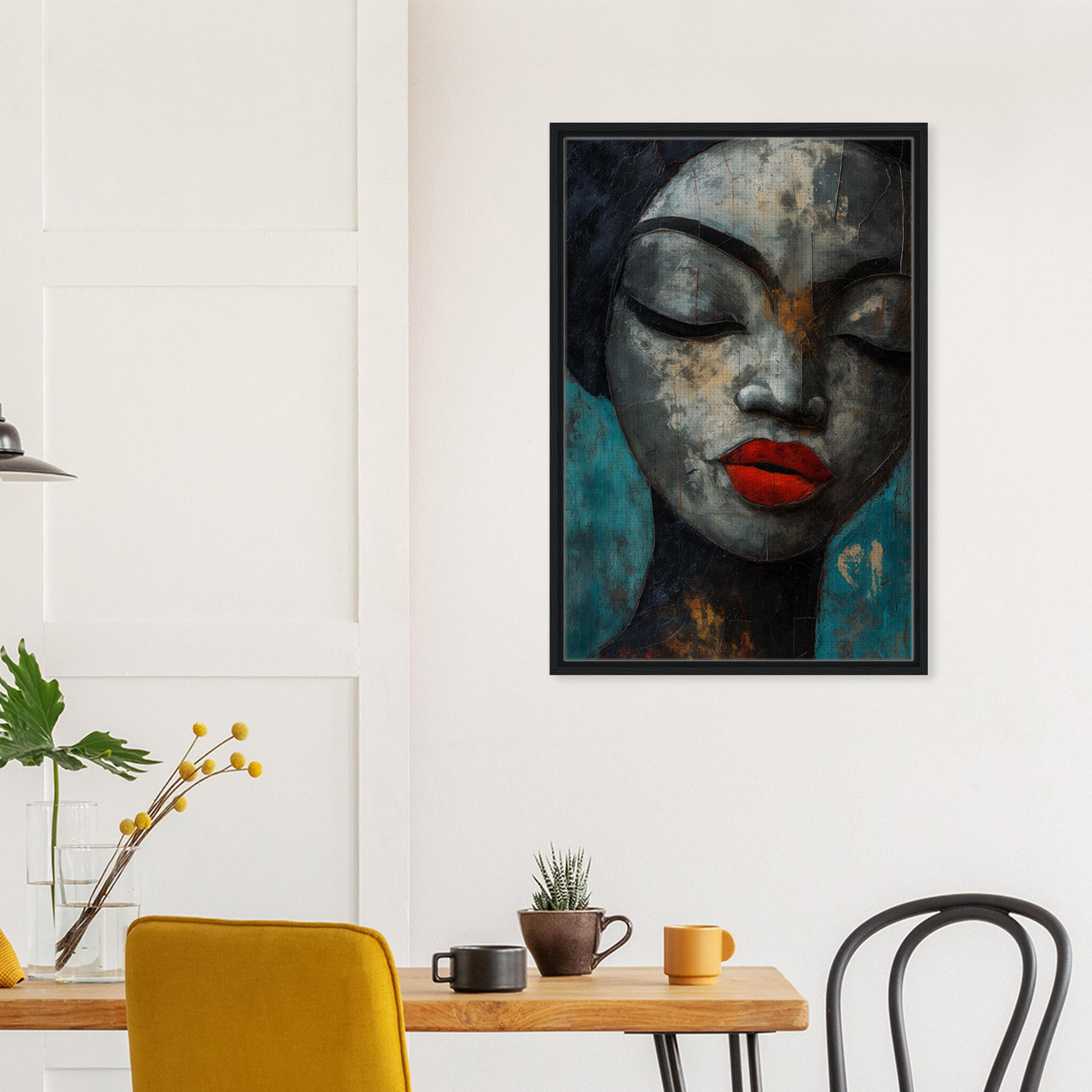 Striking portrait from Meditative Sansword Reveries with vibrant red lips on teal background