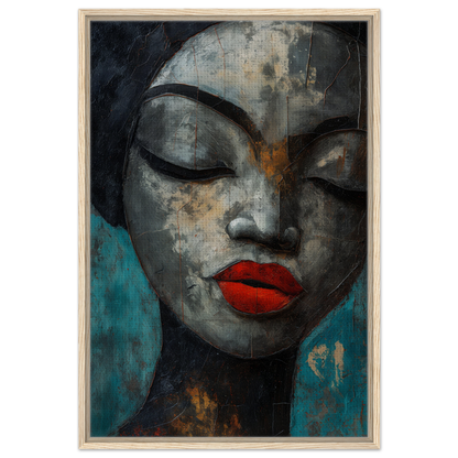 Stylized portrait with closed eyes and red lips in Meditative Sansword Reveries framed canvas print