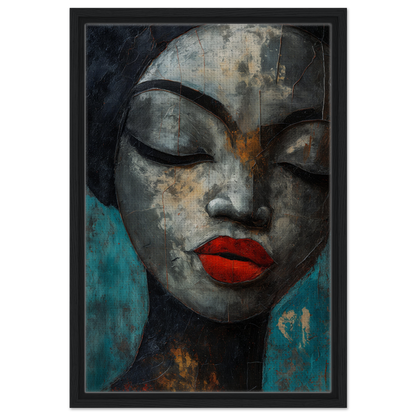 Stylized portrait painting with closed eyes and red lips, part of Meditative Sansword Reveries