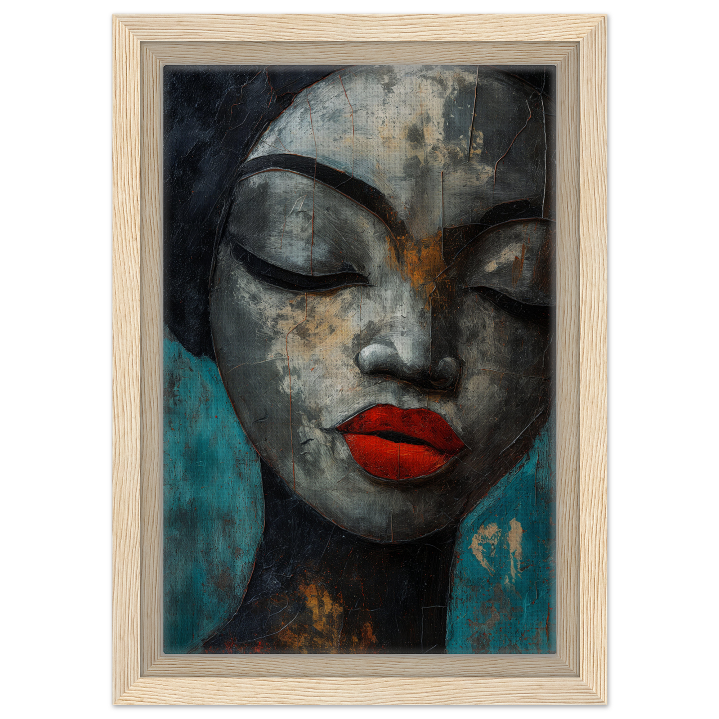 Stylized portrait of Meditative Sansword Reveries with closed eyes and bright red lips