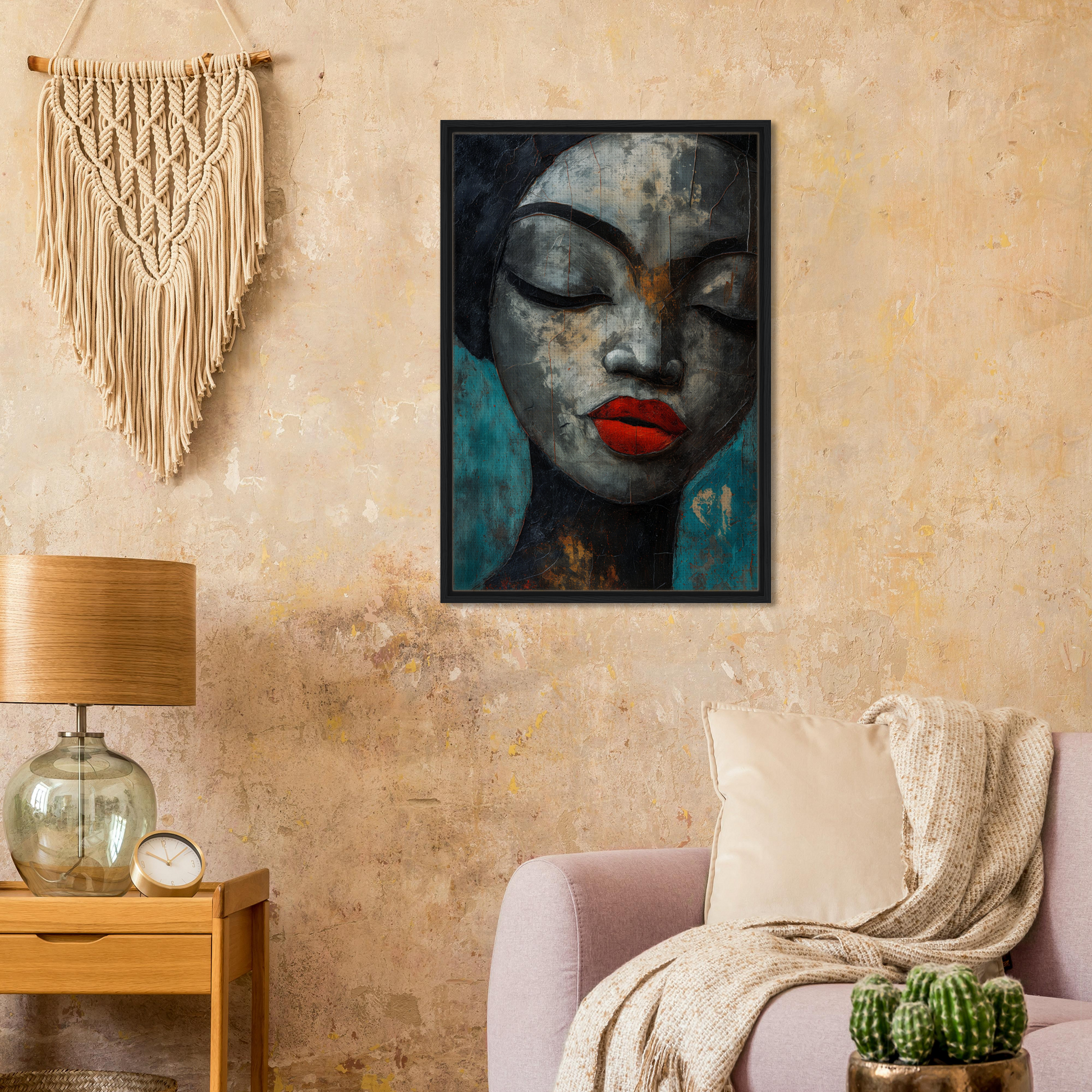 Striking portrait with vibrant red lips, perfect for Meditative Sansword Reveries room decor