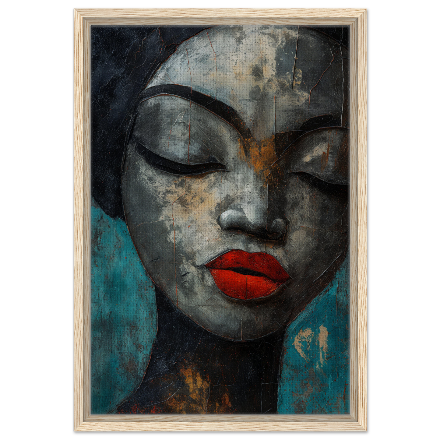 Stylized portrait with closed eyes and red lips on teal, part of Meditative Sansword Reveries