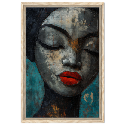 Stylized portrait with closed eyes and red lips on teal, part of Meditative Sansword Reveries