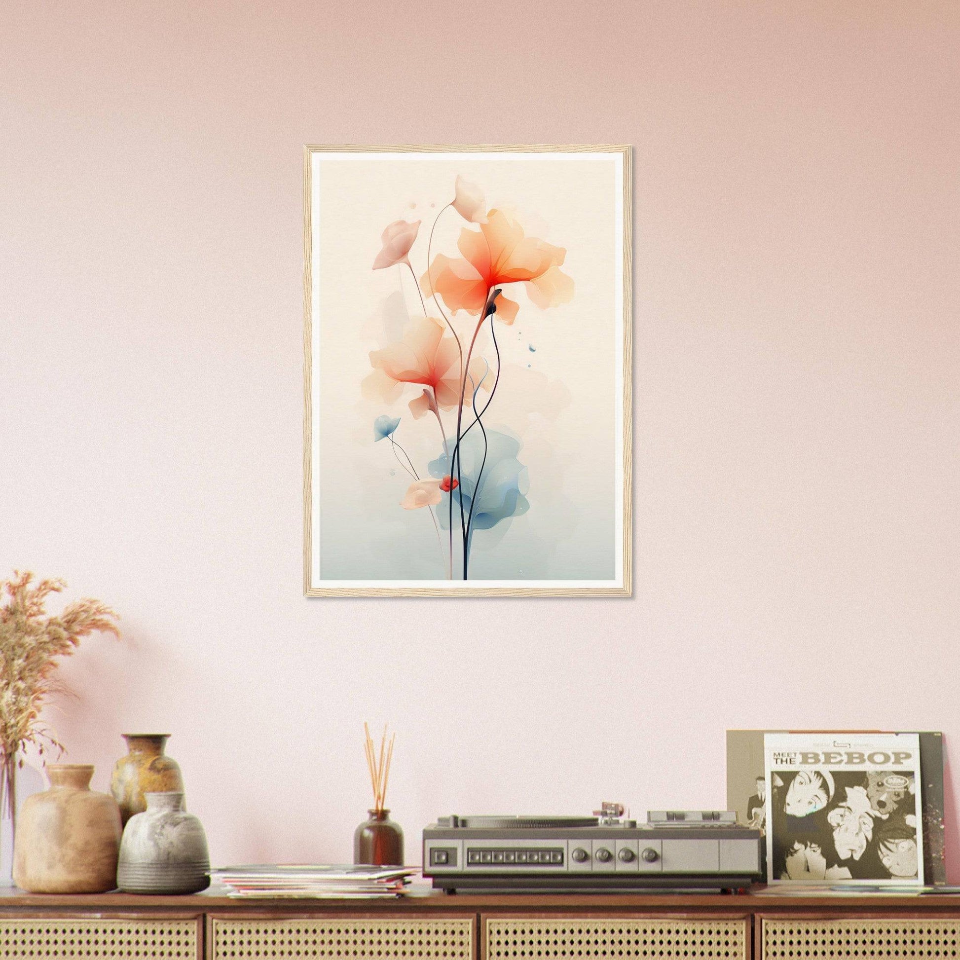 Framed watercolor painting of delicate orange and pink flowers with slender stems.