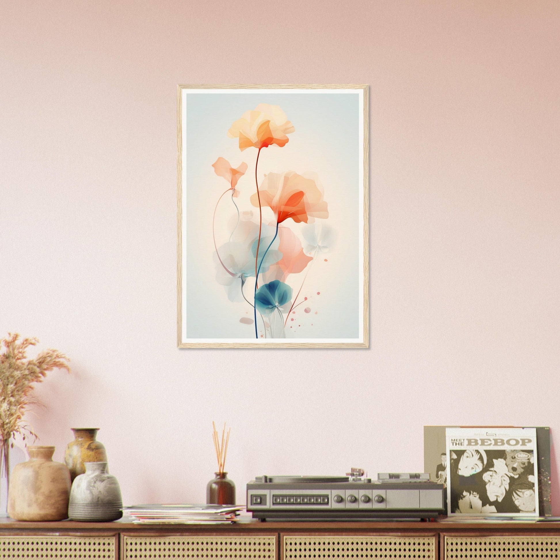 Framed watercolor painting of delicate orange flowers with blue accents.