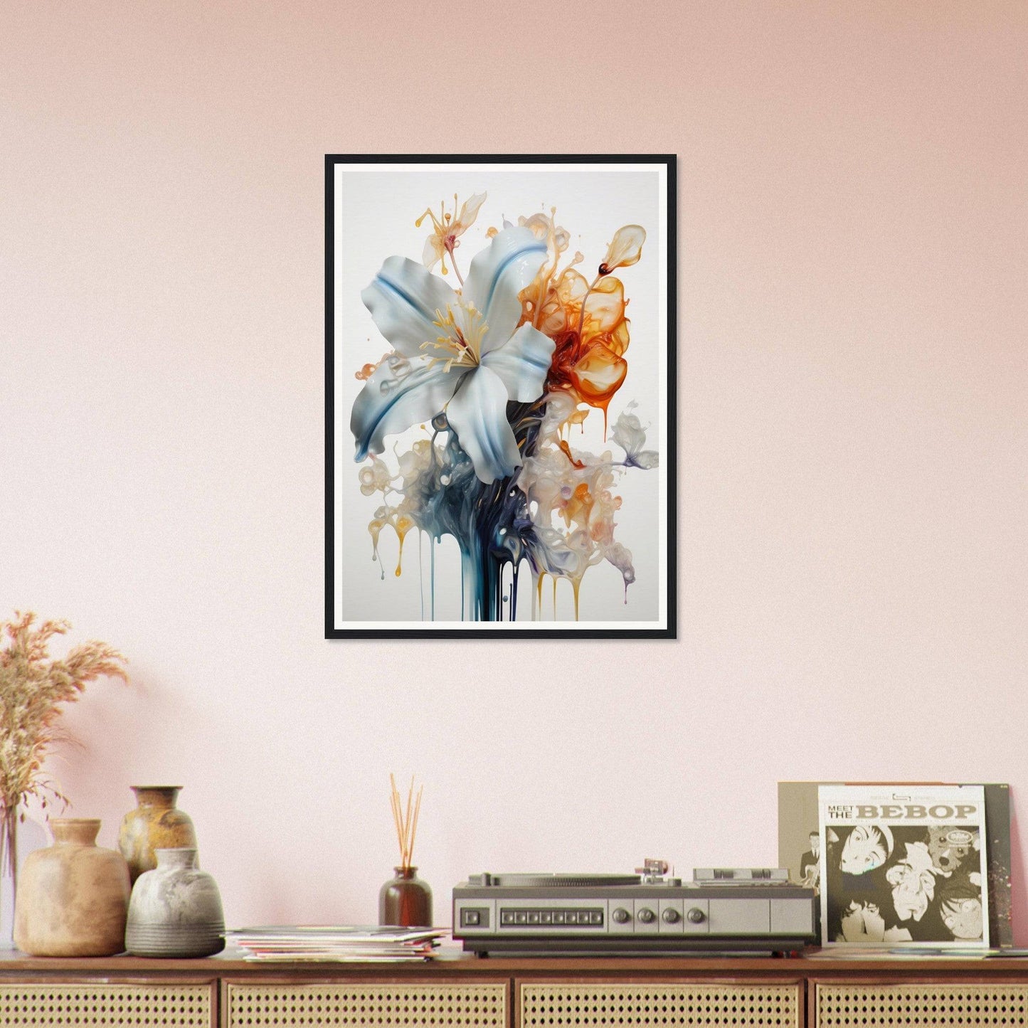 Framed watercolor painting of a lily and other flowers with soft, flowing brushstrokes.