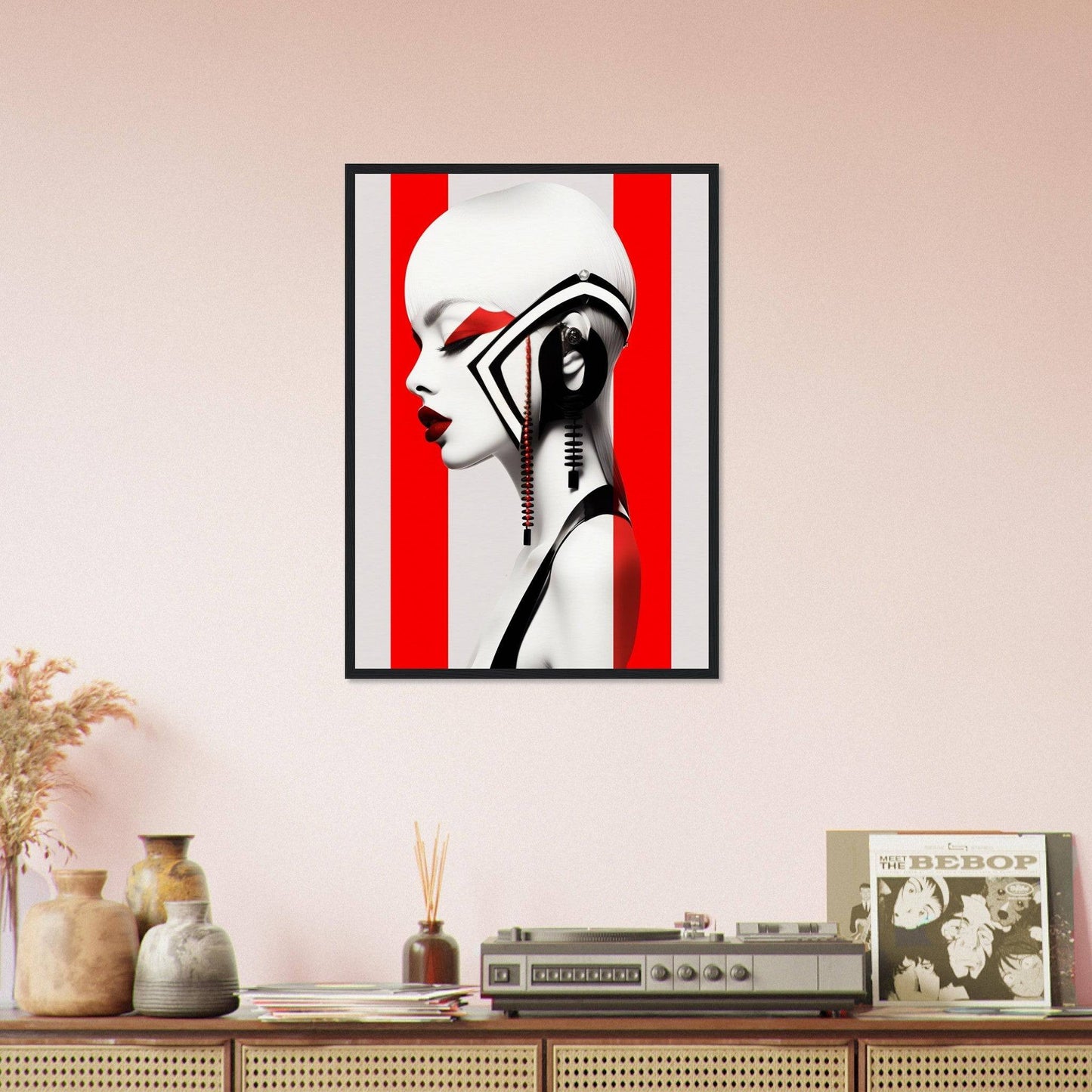 Framed artwork depicting a stylized profile of a figure with geometric elements against a red and white background.