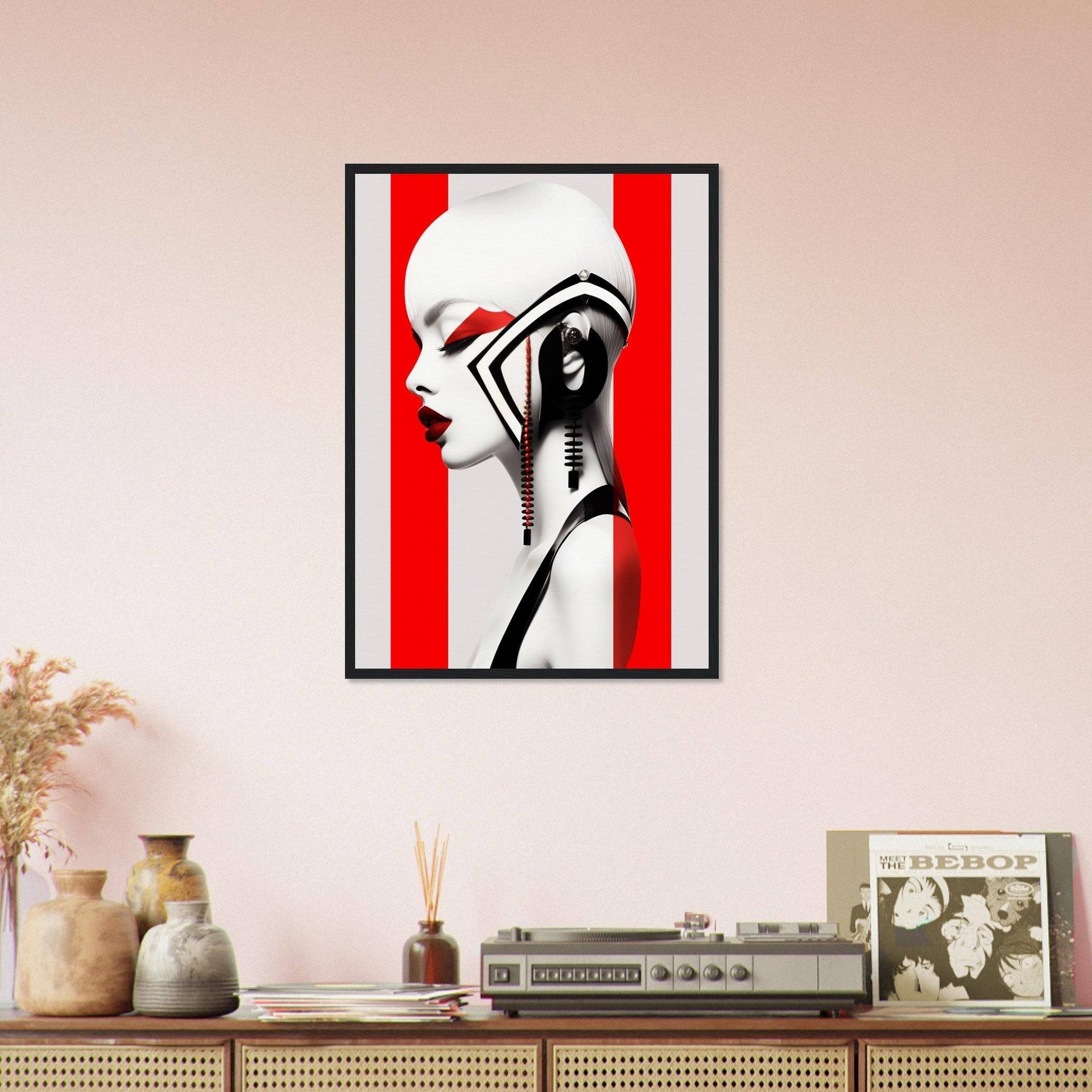 Framed artwork depicting a stylized profile of a figure with geometric elements against a red and white background.