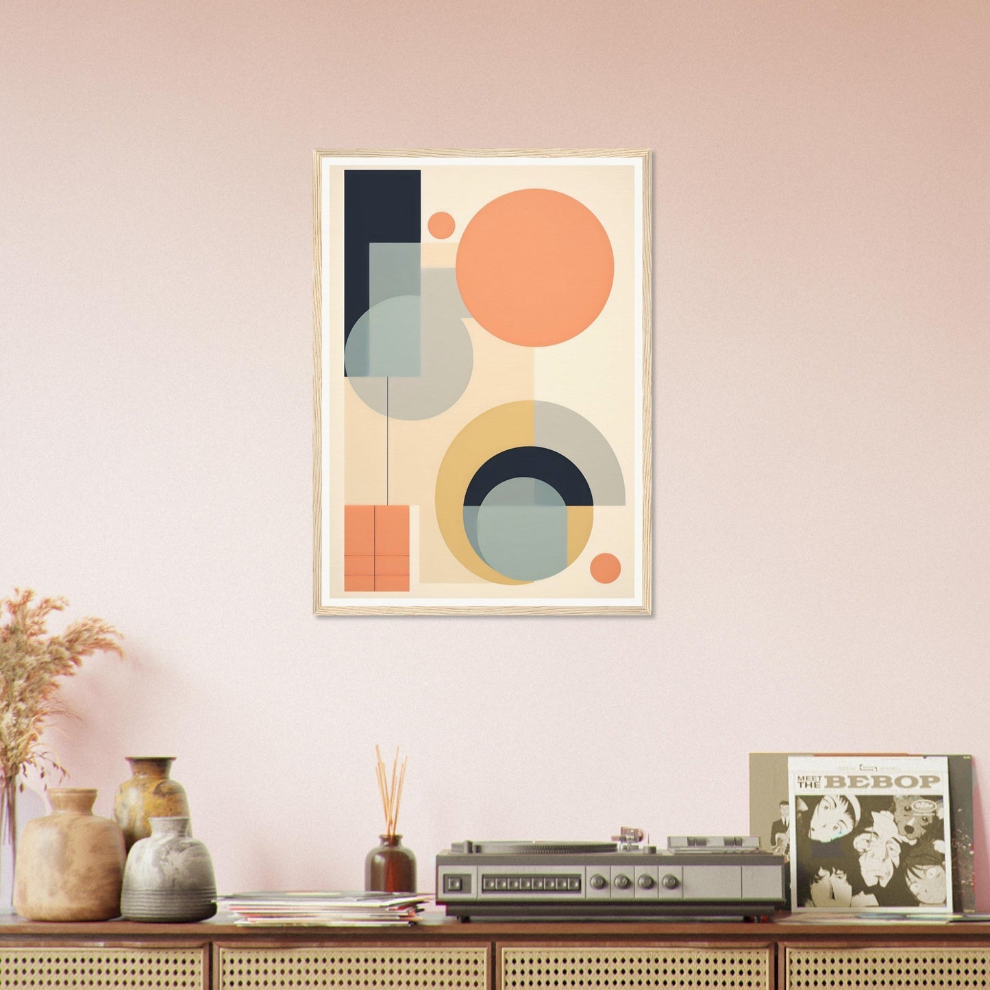 Abstract geometric artwork featuring circles, rectangles, and curved shapes in muted pastel colors.